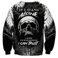 Black unisex skull sweatshirt with large front graphic and bold text print, long sleeves