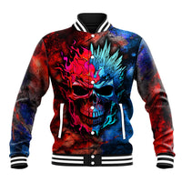 Unisex skull baseball jacket, red and blue flame front with snap-button placket