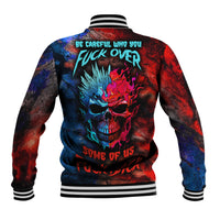 Unisex skull baseball jacket with red-blue flame and graffiti-style back graphic