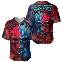 Two red and blue flaming skull baseball jerseys, V-neck button front