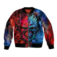 Skull bomber jacket with red/blue graphic, full front zipper, ribbed hem