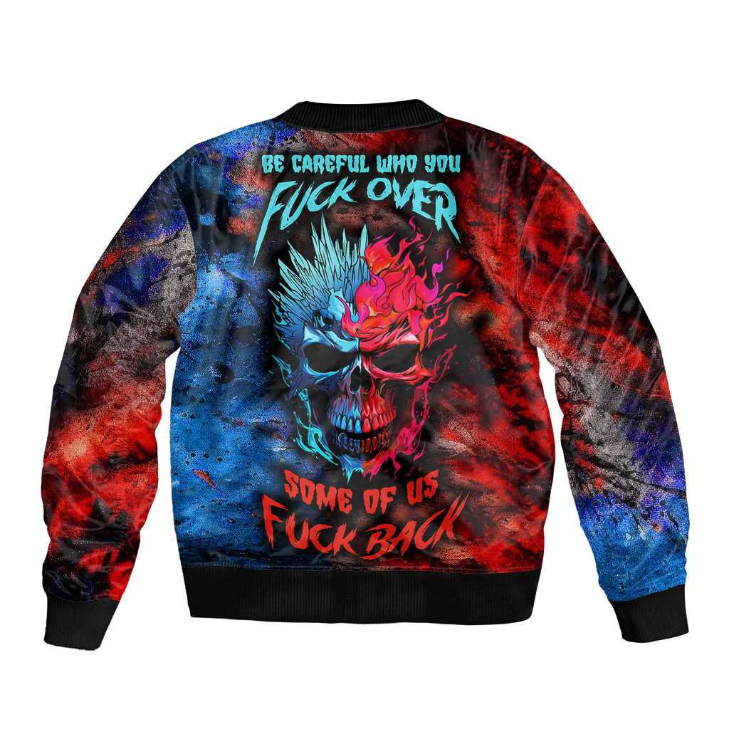 Skull bomber jacket with red and blue splatter graphic and ribbed cuffs