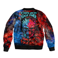 Skull bomber jacket with red and blue splatter graphic and ribbed cuffs