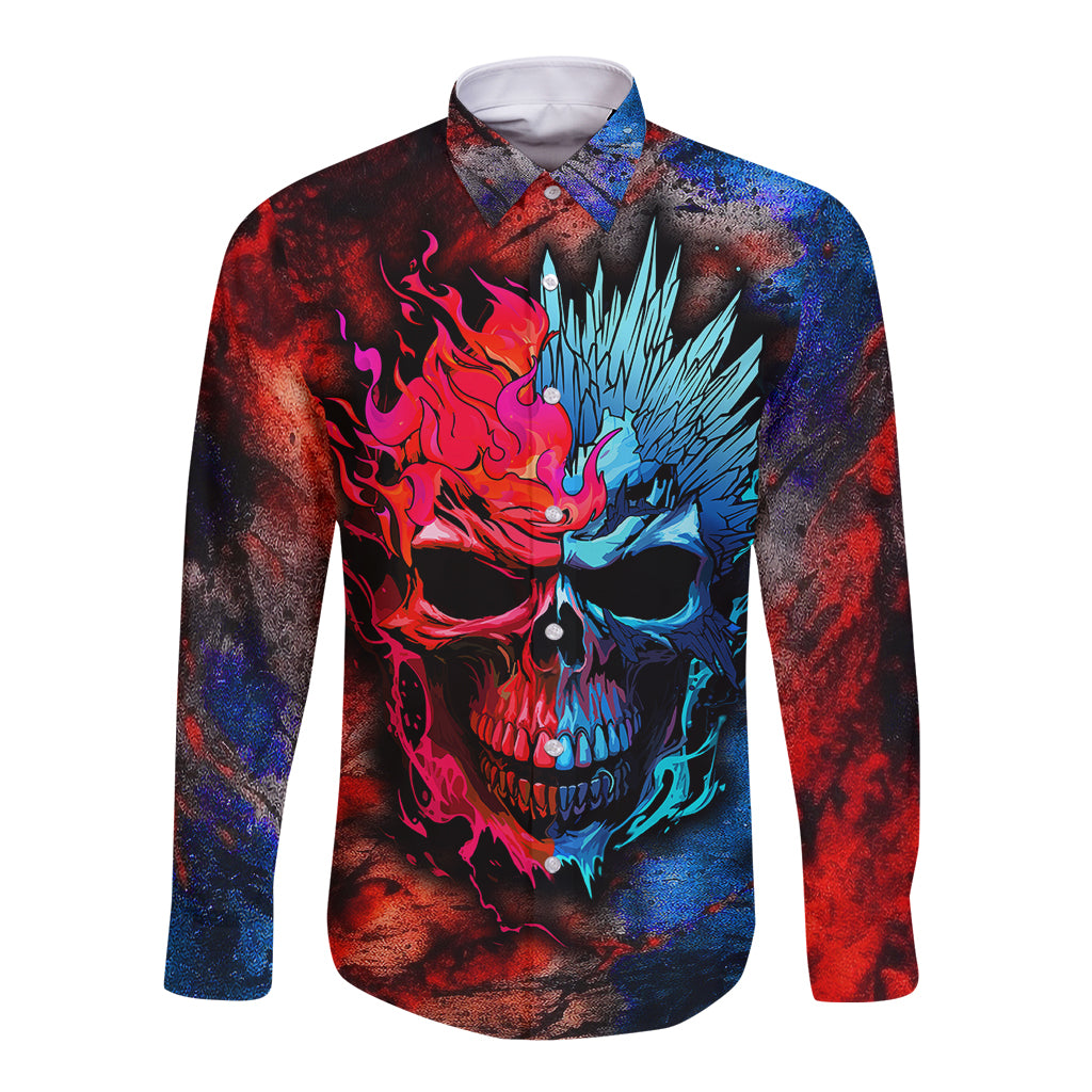 Long sleeve button-up shirt with flaming skull graphic, red and blue abstract print.