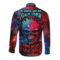 Long sleeve button-up shirt with skull graphic and slogan, red/blue abstract print.