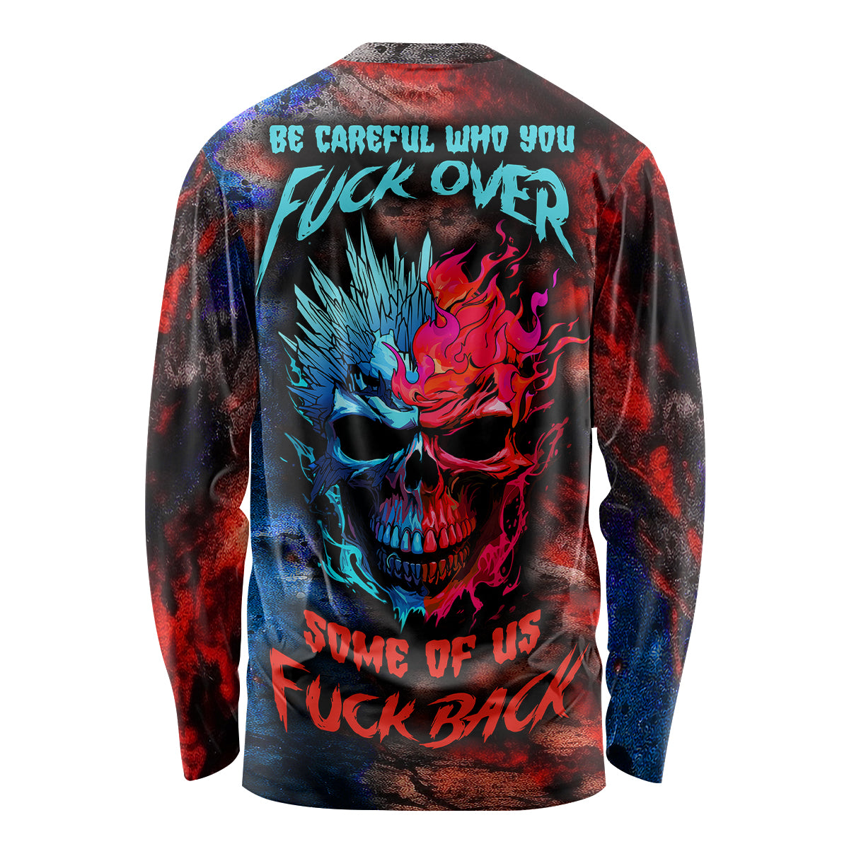 Unisex long-sleeve skull T-shirt with red-blue flame graphic on back, crew neck