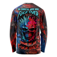 Unisex long-sleeve skull T-shirt with red-blue flame graphic on back, crew neck