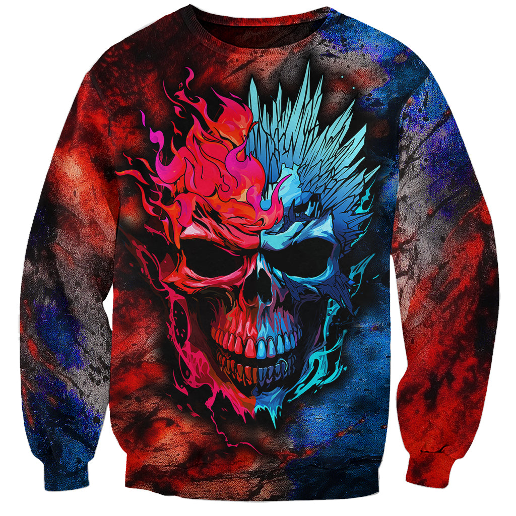 Unisex crewneck sweatshirt with centered flaming blue-red skull graphic, long sleeves