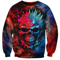 Unisex crewneck sweatshirt with centered flaming blue-red skull graphic, long sleeves