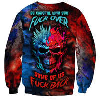 Unisex crewneck sweatshirt with blue-red skull graphic and flaming slogan print