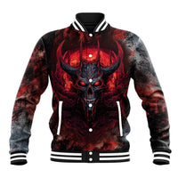 Unisex black-red skull baseball jacket front, button placket and ribbed striped hem