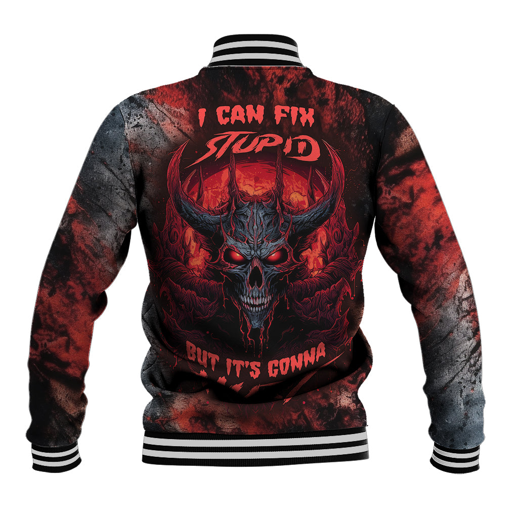 Unisex black-red skull graphic baseball jacket, striped ribbed collar and cuffs