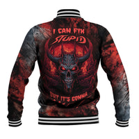 Unisex black-red skull graphic baseball jacket, striped ribbed collar and cuffs