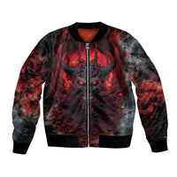 Black bomber jacket with red/gray skull graphic, full zip front, ribbed cuffs