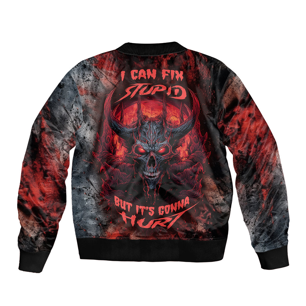 Black bomber jacket with red skull graphic, ribbed hem and cuffs (back view)