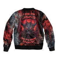 Black bomber jacket with red skull graphic, ribbed hem and cuffs (back view)