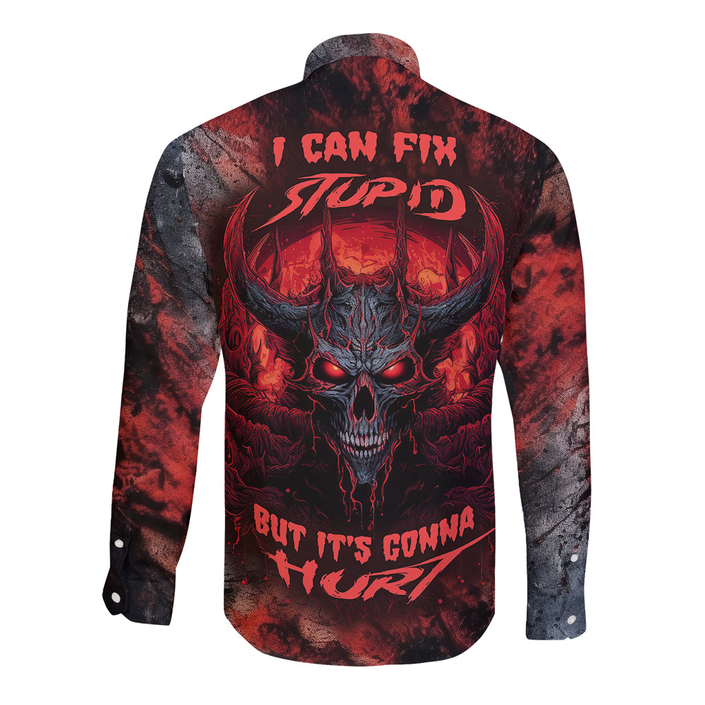 I Can Fix Stupid But It's Gonna Hurt Skull Long Sleeve Button Shirt - Wonder Print Shop