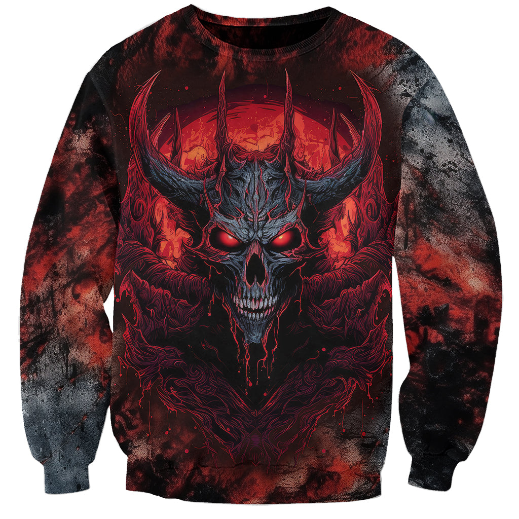 Unisex black sweatshirt with red skull chest graphic, long sleeves crewneck pullover