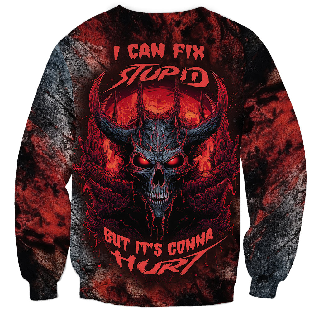 Unisex black sweatshirt with red skull graphic and bold bottom text, crewneck pullover