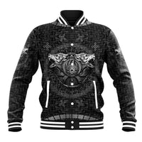 Black unisex baseball jacket with striped collar, snap buttons, and wolf emblem front