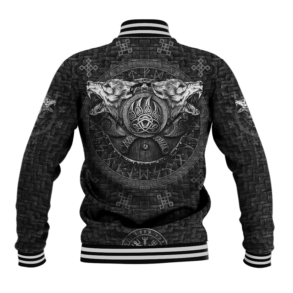 Black baseball jacket with wolf heads and rune emblem on back, striped cuffs and hem