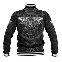 Black baseball jacket with wolf heads and rune emblem on back, striped cuffs and hem