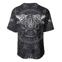 Black baseball jersey back view with large wolf emblem and circular runes
