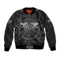 Black unisex bomber jacket with wolf graphic front and full zip
