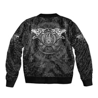 Black unisex bomber jacket with circular wolf crest back graphic, ribbed hem