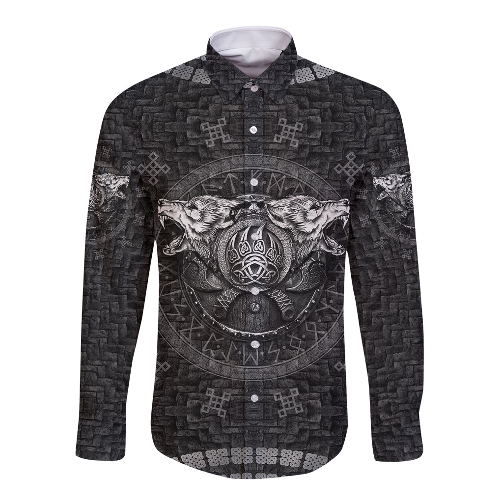 Black long sleeve button shirt with wolf heads and Norse emblem front graphic