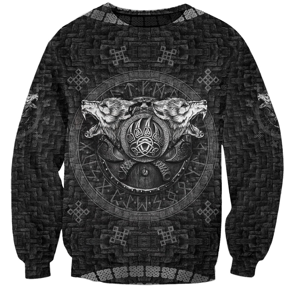 Black unisex sweatshirt with large Norse wolf graphic and central rune circle emblem