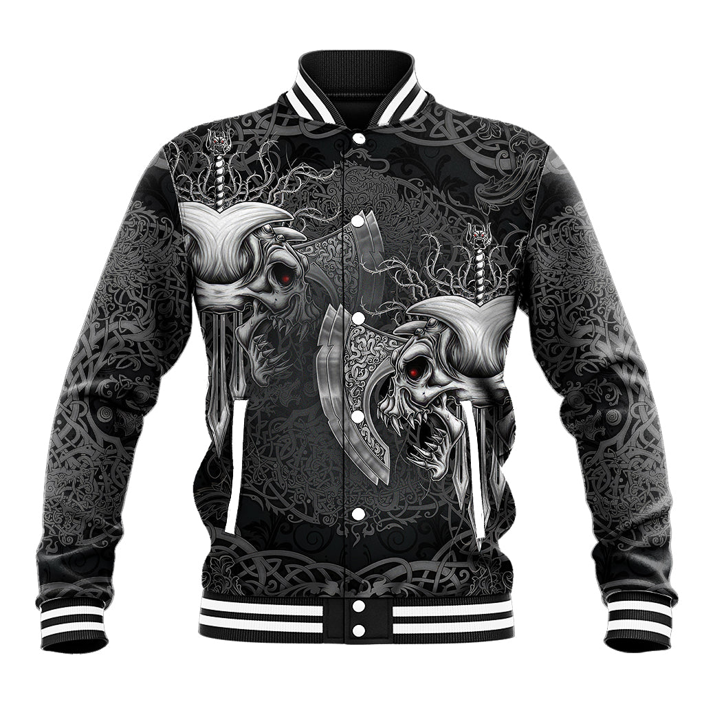 Black baseball jacket with white Viking skull art, snap front, striped ribbed collar