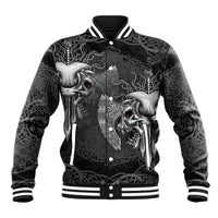Black baseball jacket with white Viking skull art, snap front, striped ribbed collar