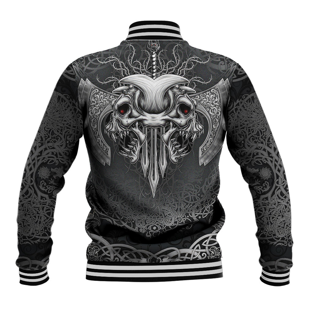 Black baseball jacket with back white Viking skull graphic, snap front, striped ribbed cuffs
