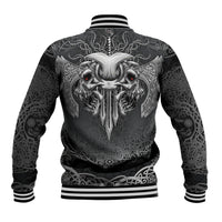 Black baseball jacket with back white Viking skull graphic, snap front, striped ribbed cuffs