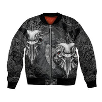 Unisex black bomber jacket with white Viking skull graphic, zip front and ribbed cuffs