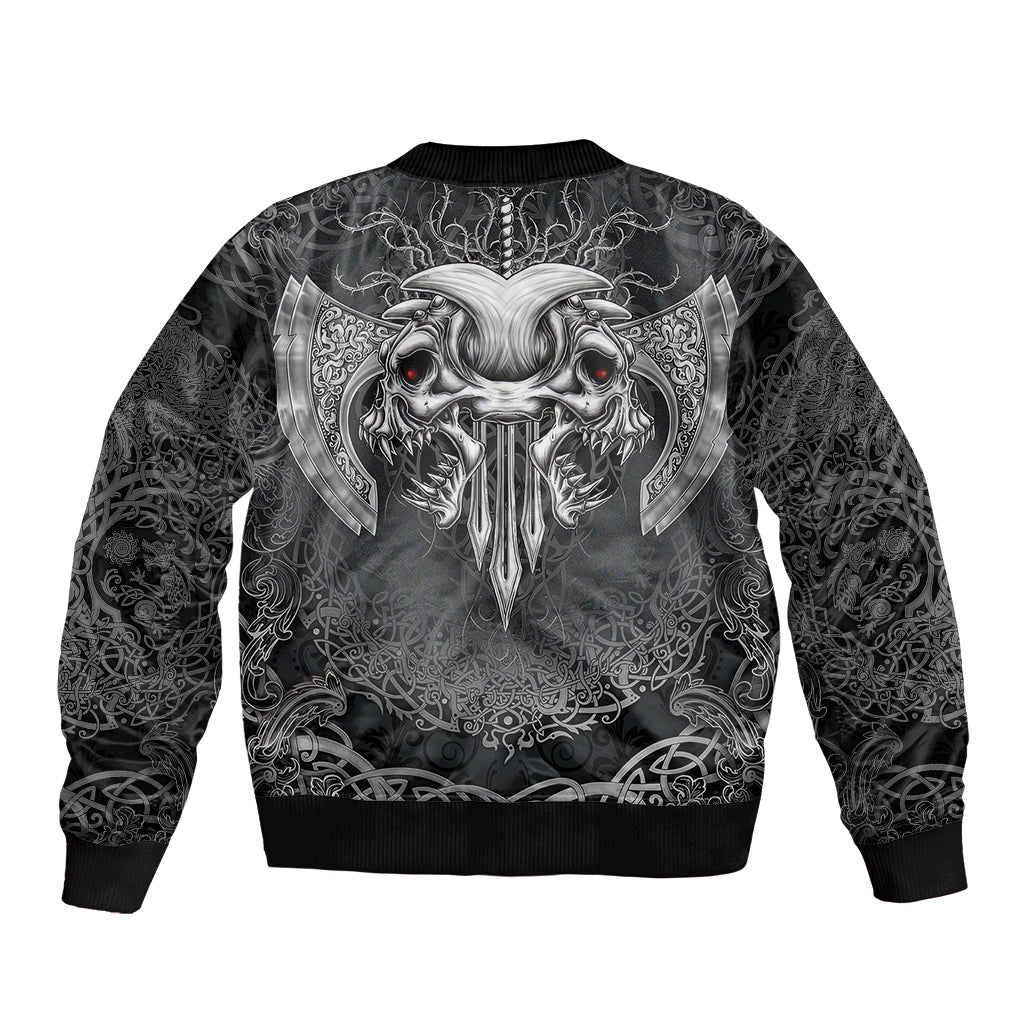Unisex black bomber jacket with white Viking skull back print, ribbed hem and cuffs