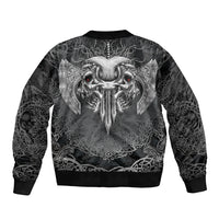 Unisex black bomber jacket with white Viking skull back print, ribbed hem and cuffs