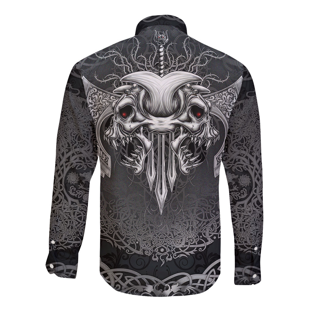Unisex black long-sleeve button shirt, back skull horns and runic ornament print