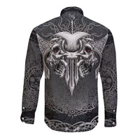 Unisex black long-sleeve button shirt, back skull horns and runic ornament print