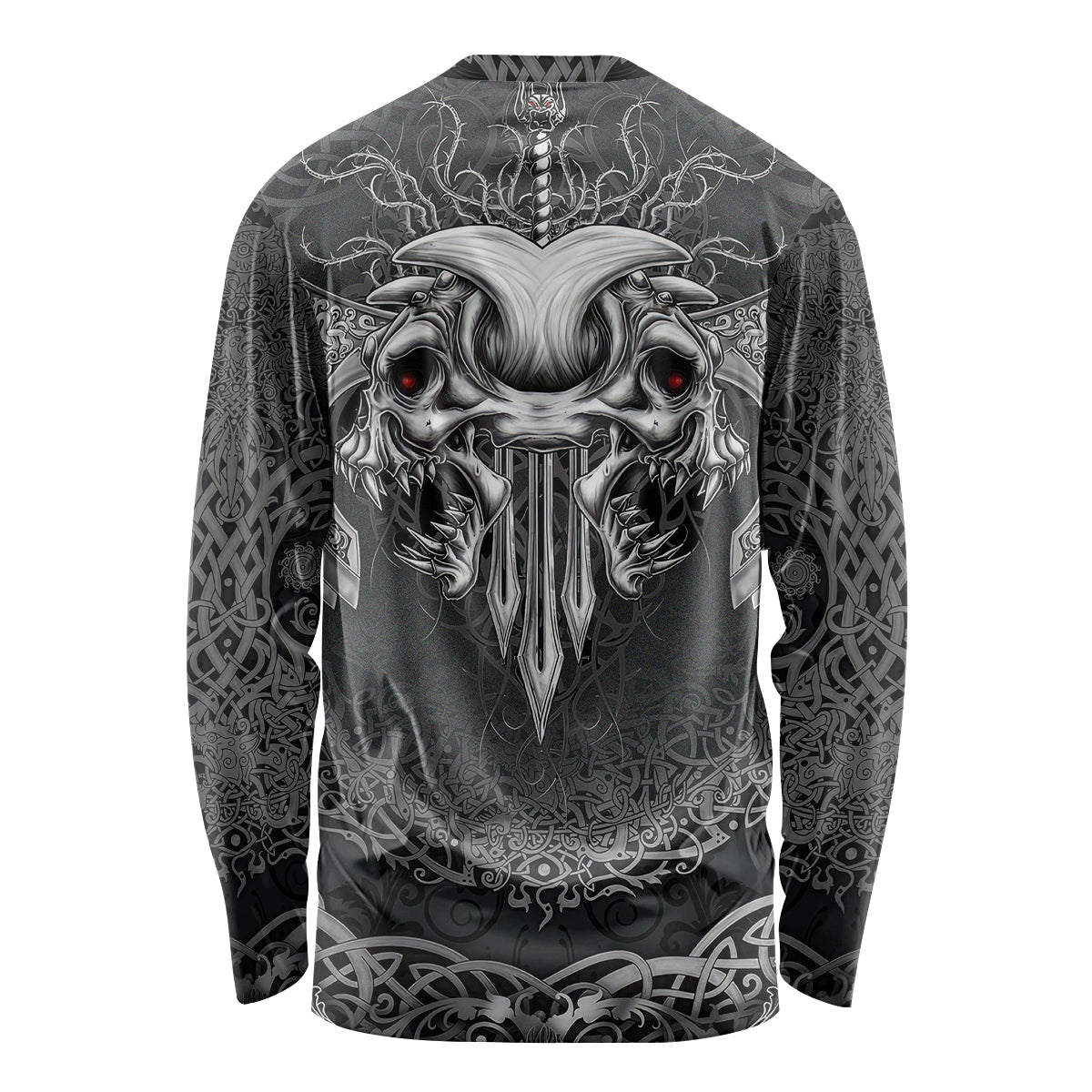 Unisex long-sleeve Viking skull graphic shirt, dark with back skull and knot pattern