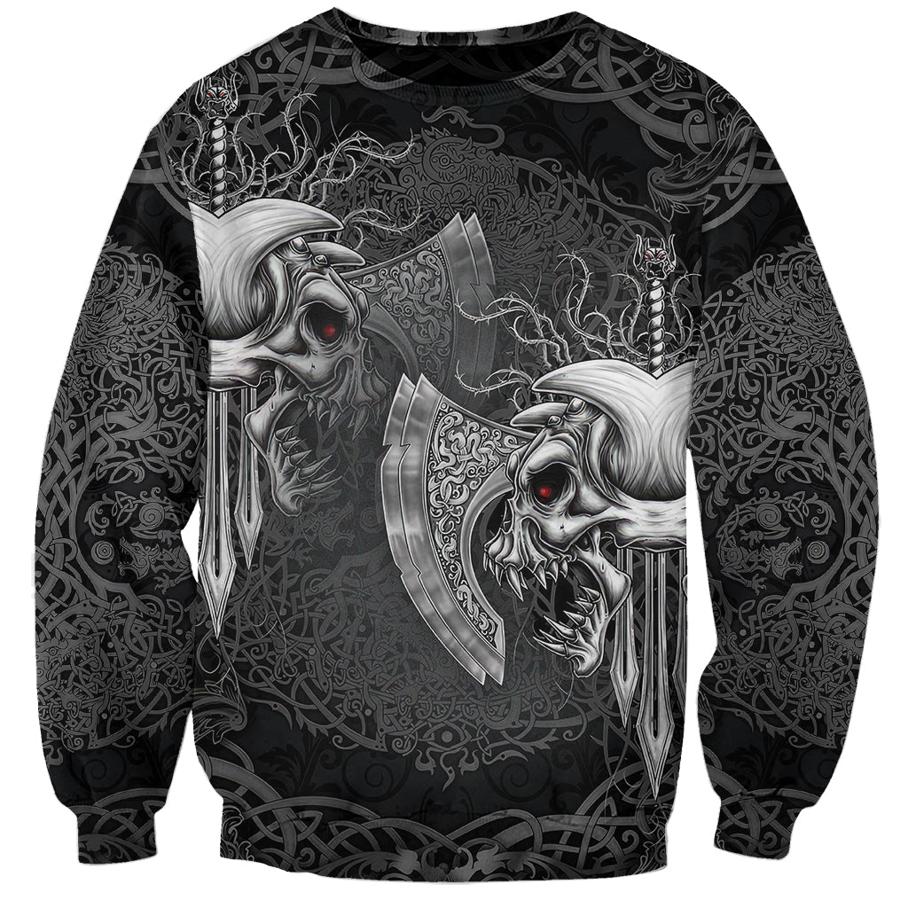 Unisex black sweatshirt with white Viking skull graphic and axe-heads, long sleeves