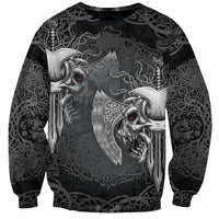Unisex black sweatshirt with white Viking skull graphic and axe-heads, long sleeves