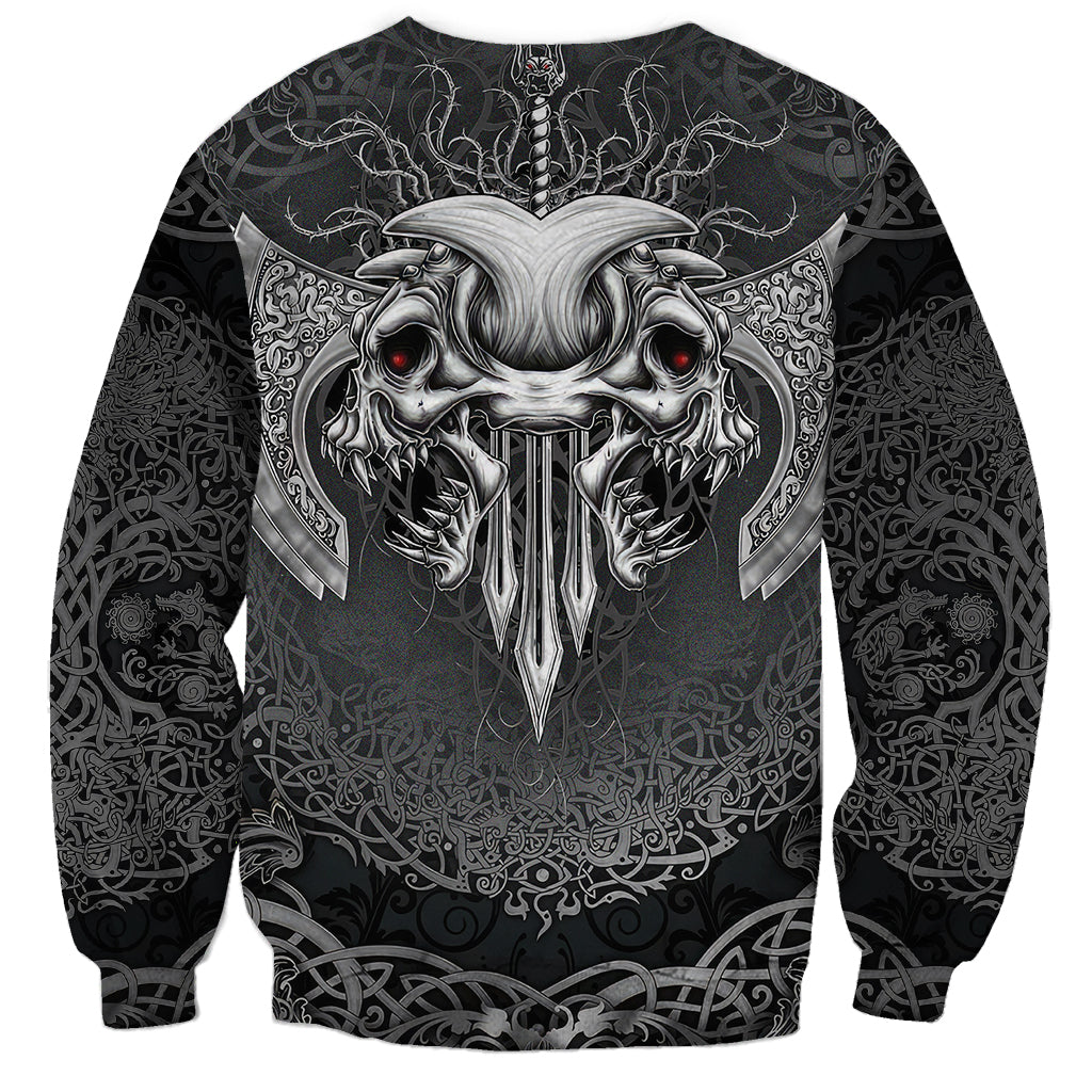 Unisex black sweatshirt with large white Viking skull cluster, red eyes, long sleeves