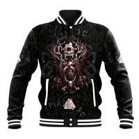 Unisex black baseball jacket with white-striped rib collar and large skull graphic front
