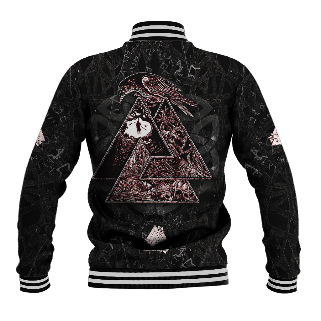 Unisex black baseball jacket with white-striped rib hem and triangle raven graphic on back