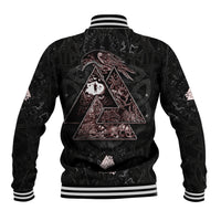 Unisex black baseball jacket with white-striped rib hem and triangle raven graphic on back