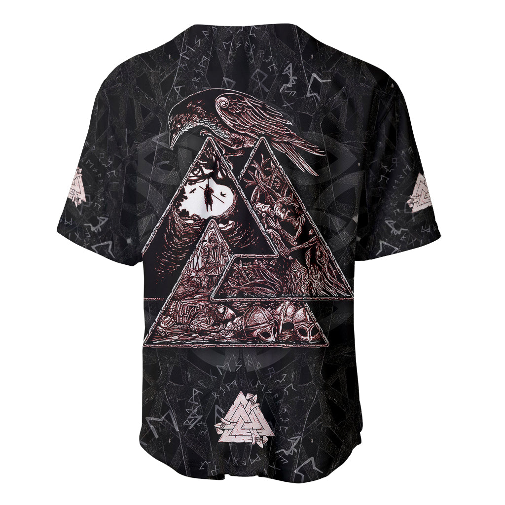 Black baseball jersey with button V-neck and large raven triangle motif graphic on front.