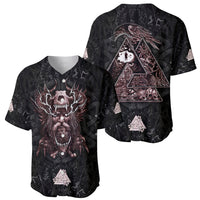 Black baseball jersey shown front and back; warrior skull graphic and raven triangle graphic.