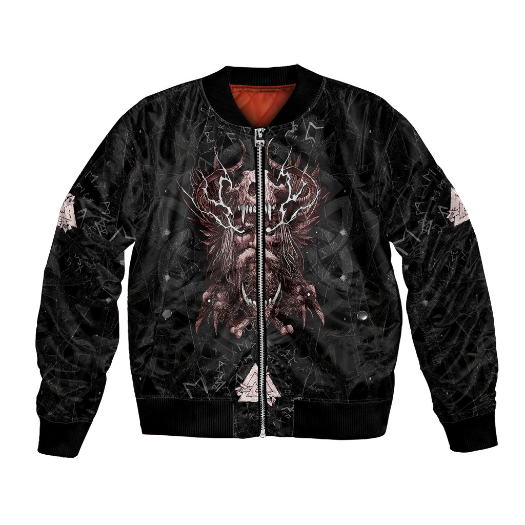 Black unisex bomber jacket with zip front and eagle-runes graphic
